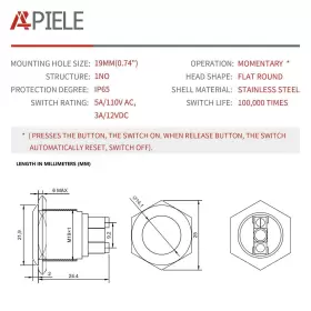 689771948331 APIELE Push Switch Momentary Waterproof Steel #2