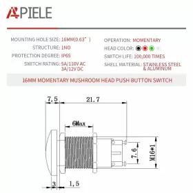 737311531403 APIELE Mushroom Head Push Switch Momentary #2