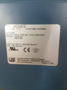 J403-612 UNITED ELECTRIC CONTROLS Pressure Switch Bar Box #2