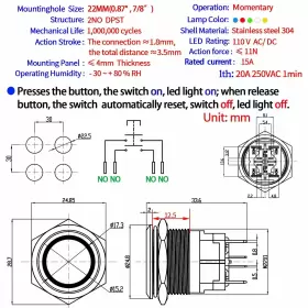 J22-C-272WA1 ZJWZJH Push Switch Momentary Dpst Angel Led #3