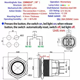 J22-C-372WE ZJWZJH Push Switch Latching Dpst Angel Led #2